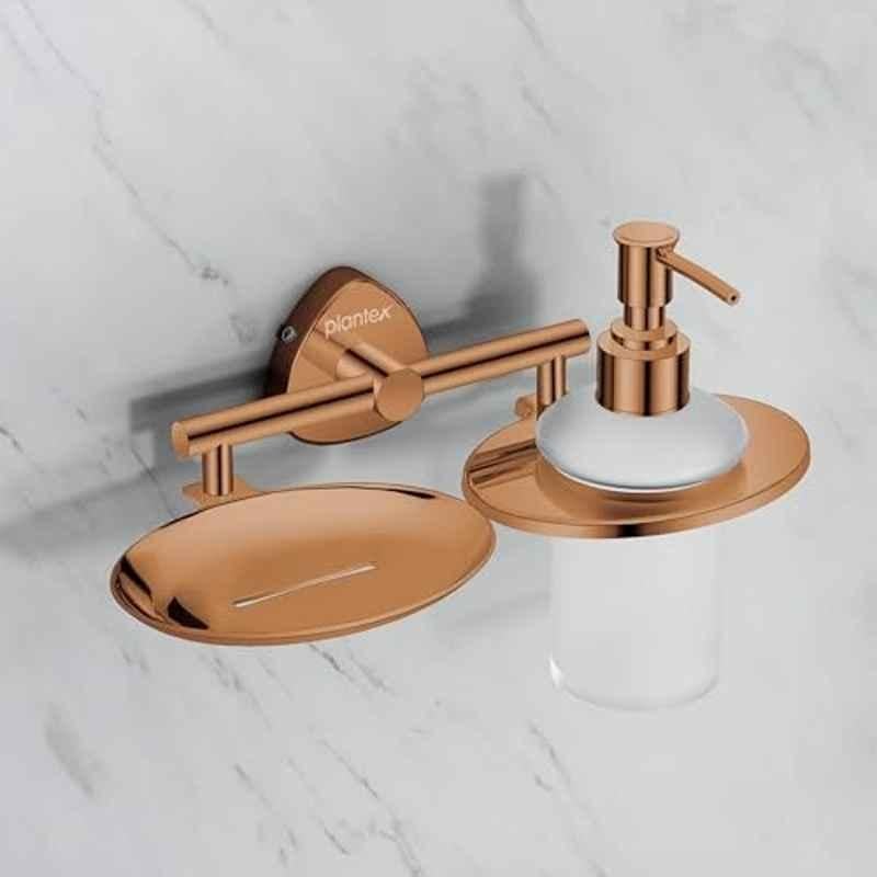 Plantex Stainless Steel Soap Dish with Liquid Dispenser/Soap Stand for Bathroom Wall Mount/Shampoo Dispenser/Bathroom Accessories PVD Rose Gold Finish Angel