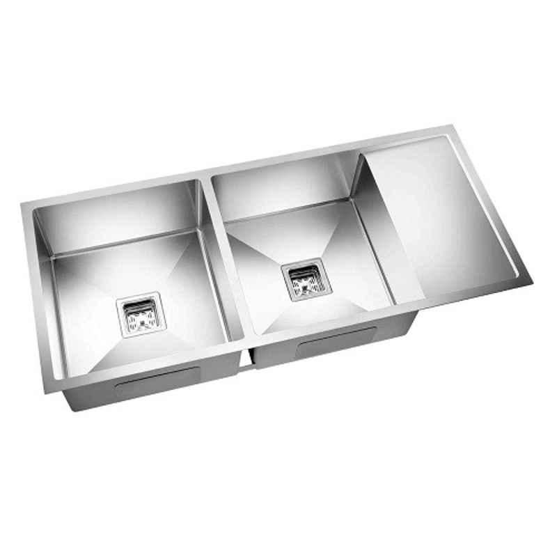 Crocodile 45x20x10 inch Double Bowl Stainless Steel Square Matt Finish Silver Kitchen Sink with Drainboard