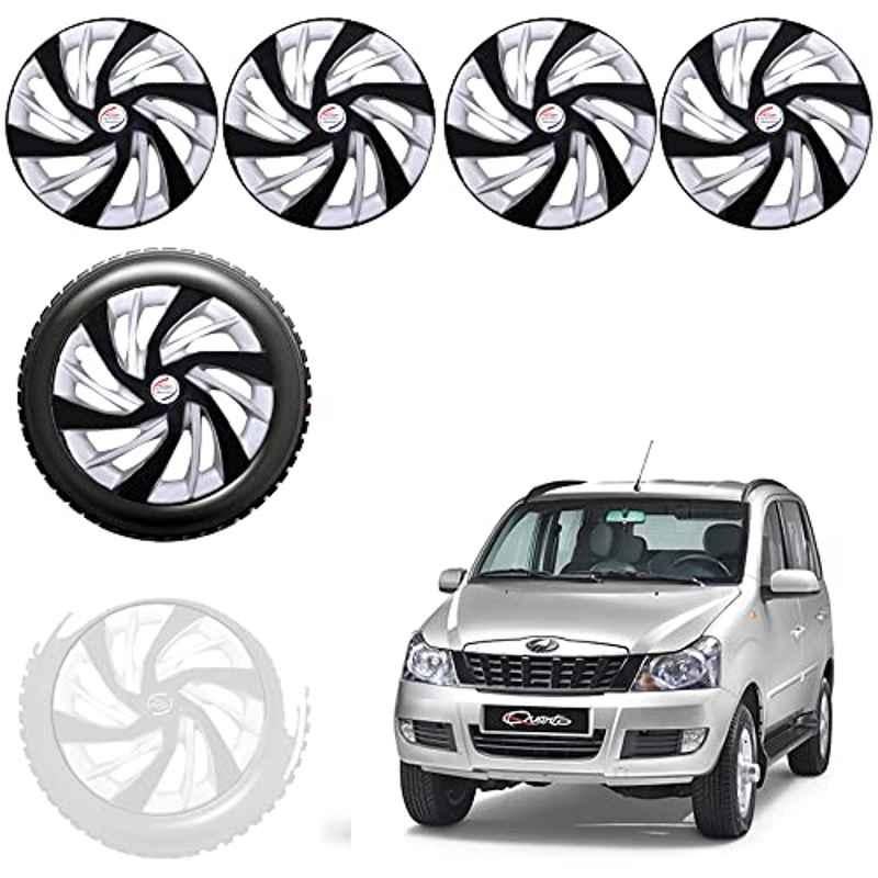 Auto Pearl 4 Pcs 15 inch Black & Silver ABS Press Type Hubcap Wheel Cover Set with Retention Ring for Mahindra Quanto