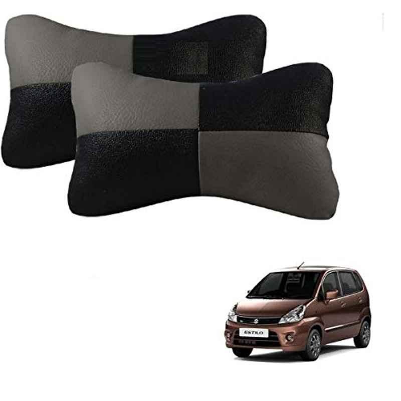 Kozdiko 2 Pcs Leather Grey & Black Neck Rest Car Cushion Pillow Set for Maruti Suzuki Zen Estilo