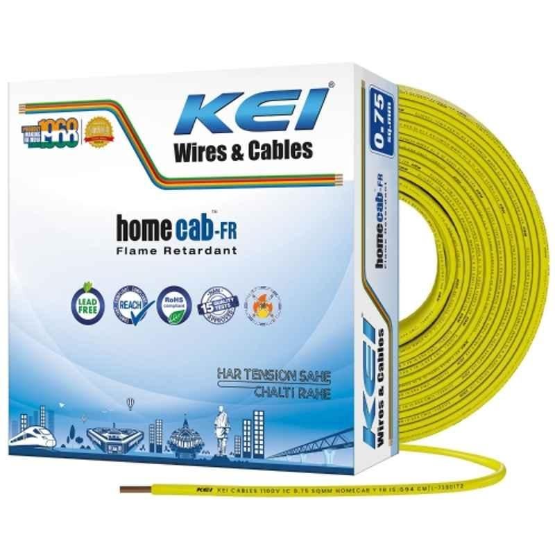 KEI Homecab 0.75 Sqmm 1 Core 99.97% Pure Copper Conductor FR PVC Insulated Cable for Domestic & Commercial Electrical Wiring (Yellow, 90 Meters)