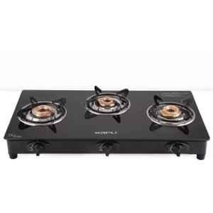 Kapli 3 Burner Mild Steel Black Glass Top Gas Stove, ALECRKAP00014