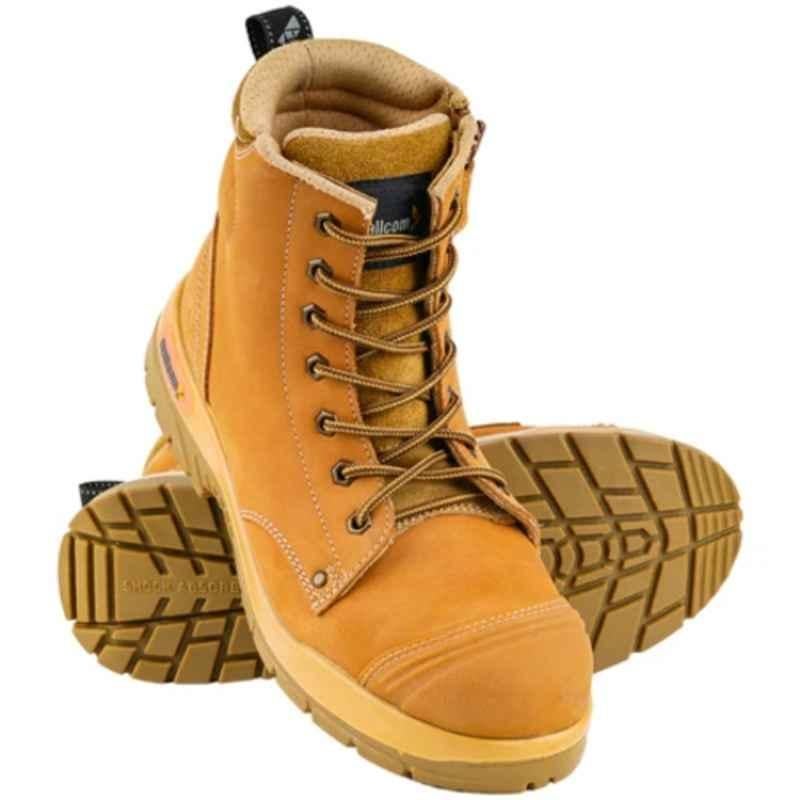 Mallcom Scar Wheat Nubuck Leather Double Density PU Midsole Steel Toe Cap Wheat High Ankle Safety Shoe, Size: 7