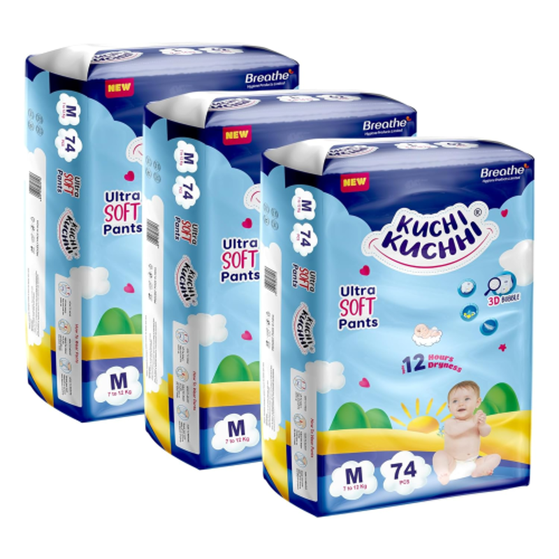 Kuchi Kuchhi 74 Pcs 7-12kg White Medium Ultra Soft Baby Diaper Pant with 3D Bubble Top, KK_M74X3 (Pack of 3)
