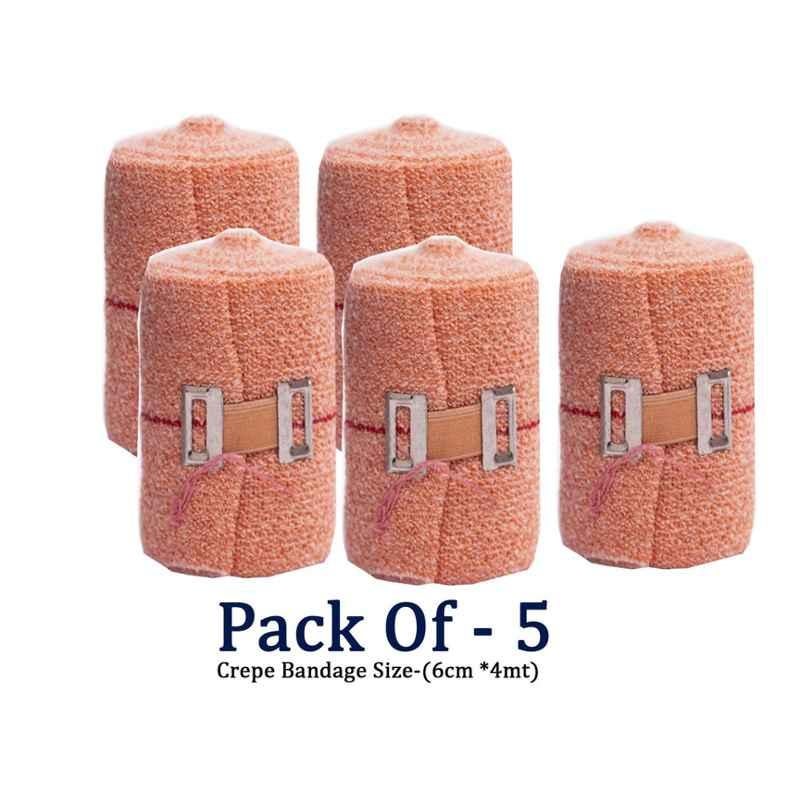 Easycrepe 6cmx4m Cotton Elastic Beige Crepe Bandage, (Pack of 5)