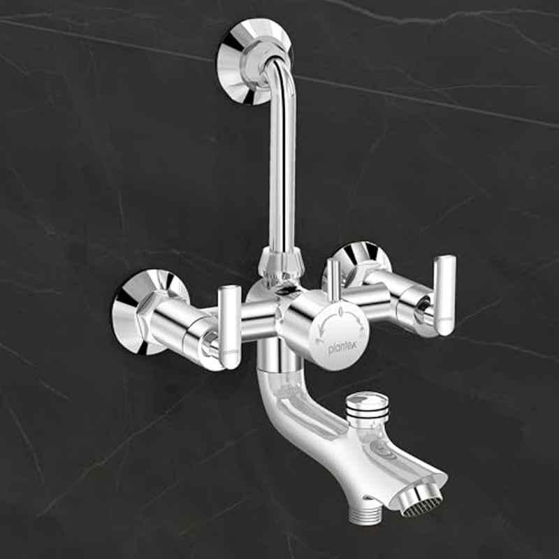 Plantex Pure Brass Wall Mixer for Bathroom 3-in-1 with L-Bend Provision for Overhead & Hand Shower/Mixer Tap for Bathroom with Water Saving Nozzle & Brass Wall Flange (Bal-519-Chrome)