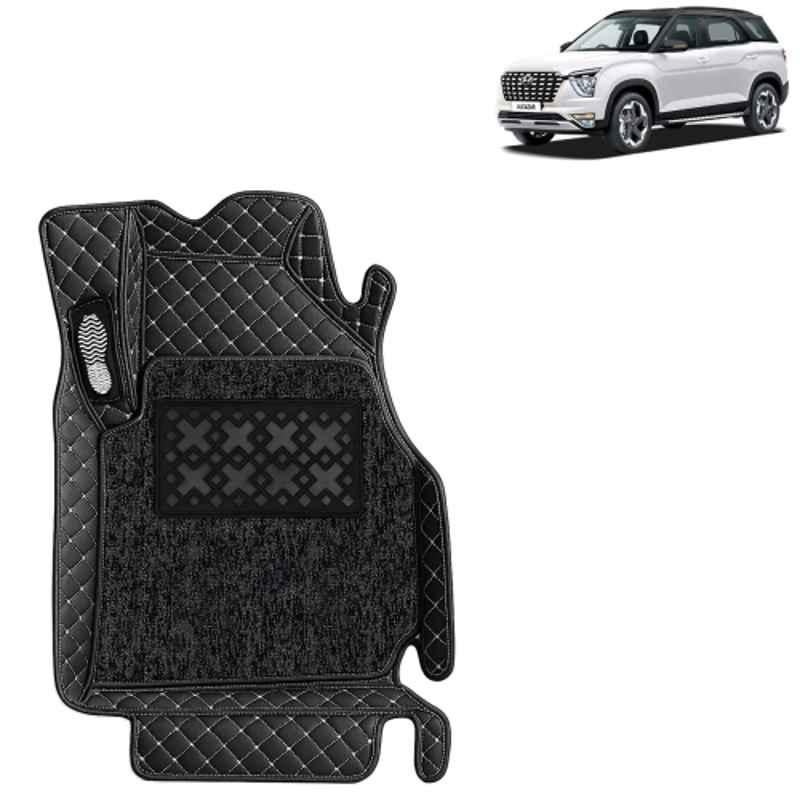 Kingsway 4 Pcs Premium 7D 100% Waterproof & Washable PU Leatherette Classic Black Car Floor Mat Set for Hyundai Alcazar 7 Seater 2021 to 2024 All Model
