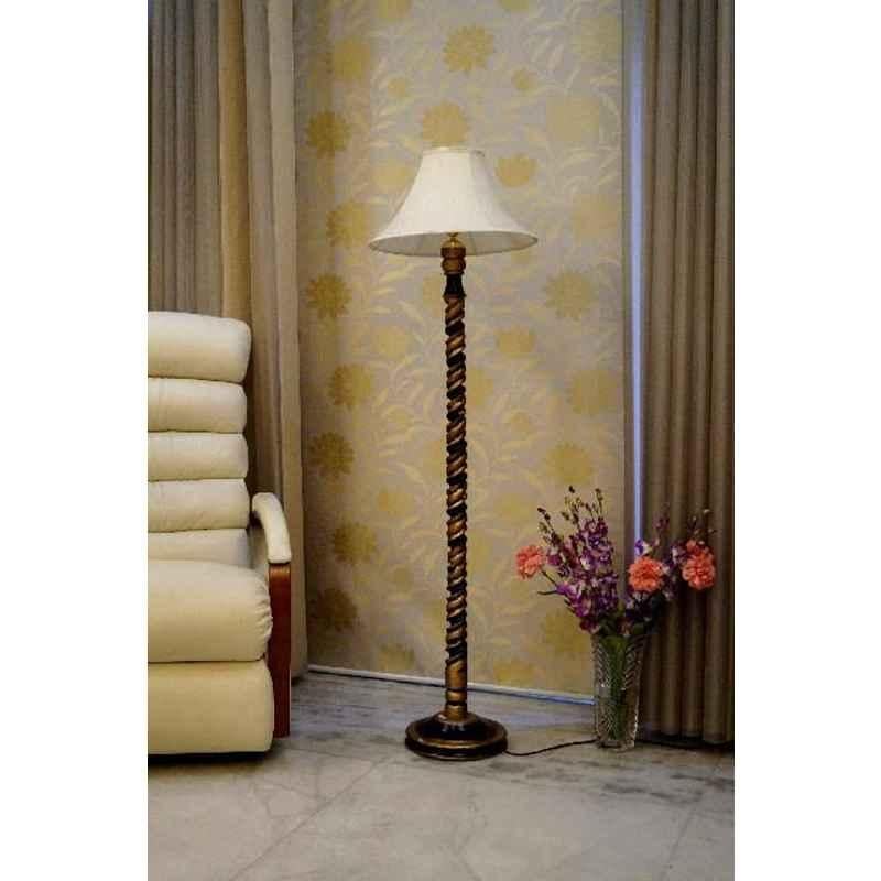 Tucasa Mango Wood Black & Gold Floor Lamp with Off White Conical Polycotton Shade, WF-64