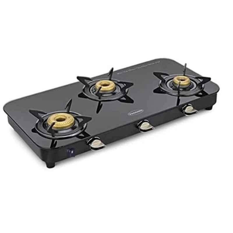 Padmini 3 Burner Stainless Steel Black Automatic Ignition Glass Top Gas Stove, 3BR CS-3 GT Lotus