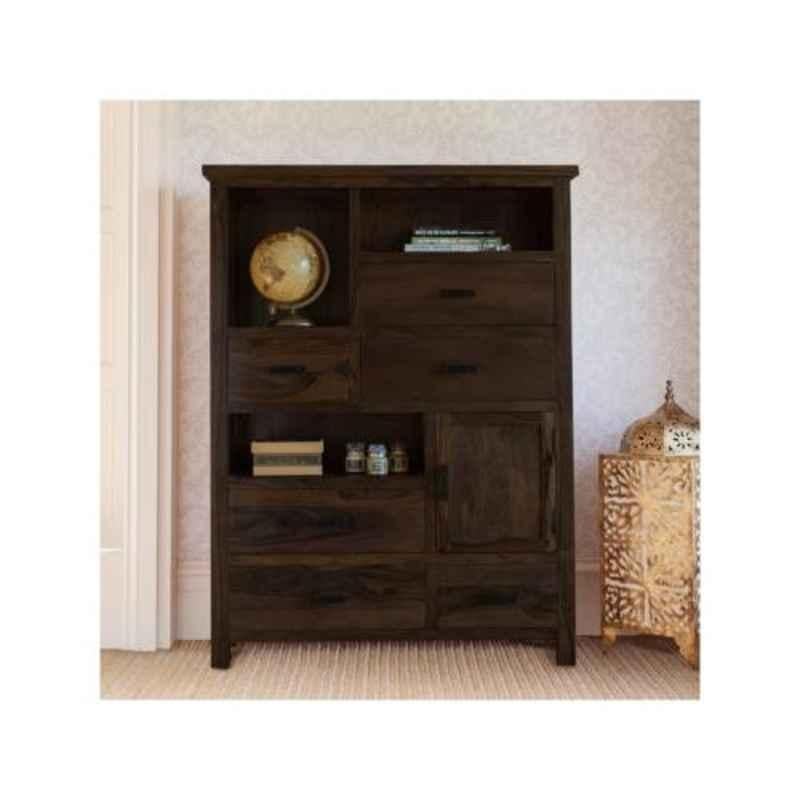 Angel Furniture Solid Sheesham Wood Glossy Finish Dark Brown Tallboy Storage Cabinet, AF-216W