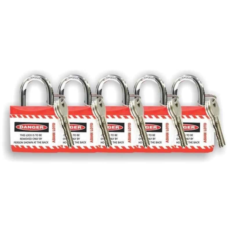 Asian Loto 5 Pcs Metal & Plastic Red Regular Shackle Jacket Padlock Set with 3 Keys, ALC-LPR