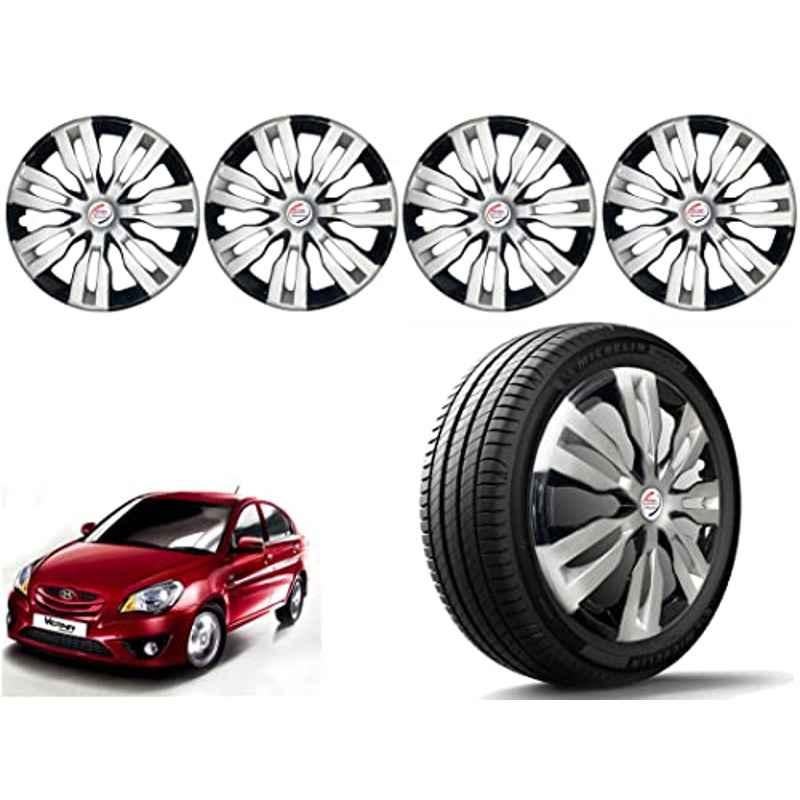 Auto Pearl 4 Pcs 14 inch Polypropylene Silver & Black Press Type Car Wheel Cover Set with Retention Ring for Hyundai Verna Transform Type 2 2011, 14WC_DzireT2_DC_VernaTranfmT2_2011