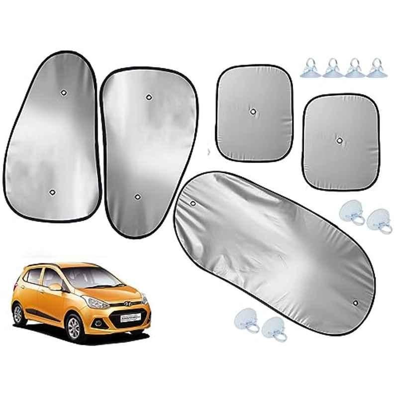 Auto Pearl 5 Pcs Polyester Black & Silver Window & Rear Sun Shade Set for Hyundai i10 Grand 2013-2016