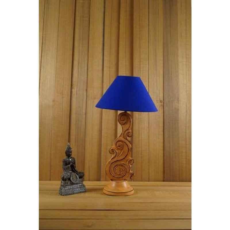 Tucasa Mango Wood Orange Carving Table Lamp with 10 inch Polycotton Blue Pyramid Shade, WL-93