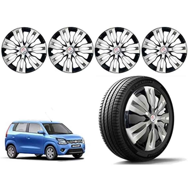 Auto Pearl 4 Pcs 14 inch Polypropylene Silver & Black Press Type Car Wheel Cover Set with Retention Ring for Maruti Suzuki WagonR Type 4 2019-2022