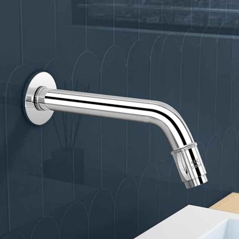 Plantex Pure Brass Silver Chrome Long Body Bib Cock Water Tap for Bathroom with Water Saving Aerator/Wall Mount Tap with Brass Wall Flange and Teflon Tape, MAG-1202