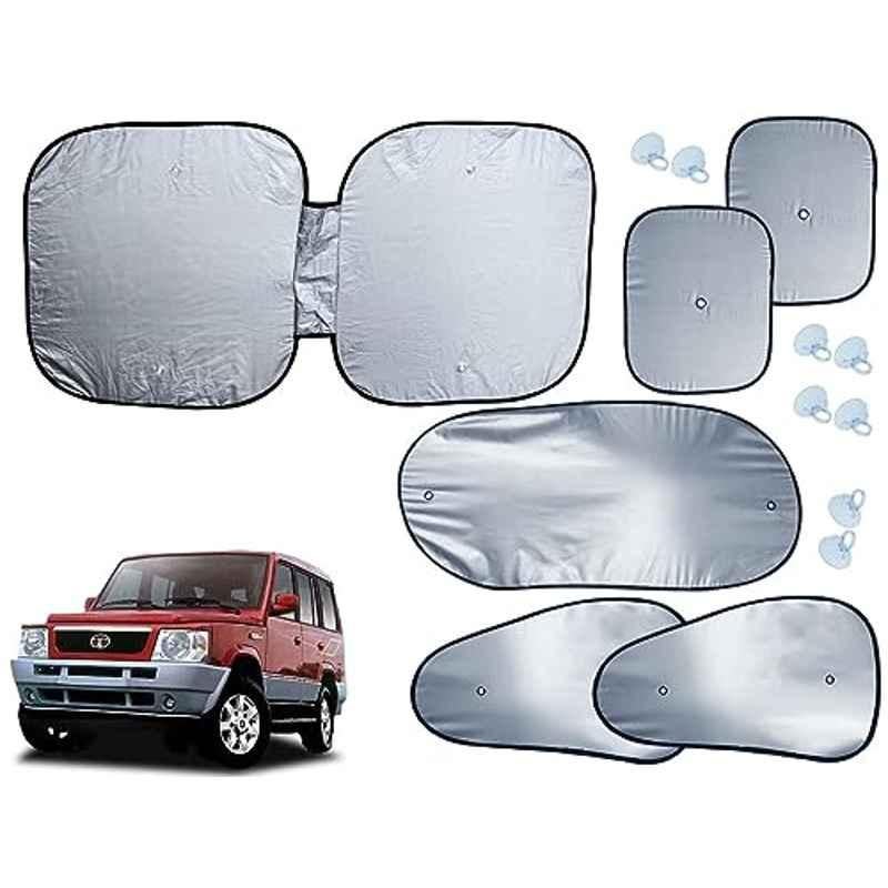 Auto Pearl 6 Pcs Polyester Black & Silver Window, Front & Rear Sun Shade Set for Tata Sumo Victa