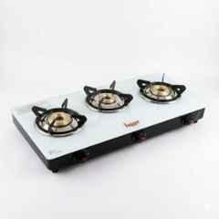 Fogger 3 Burner White Toughened Glass Top Manual Ignition Gas Stove with 2 Years Warranty