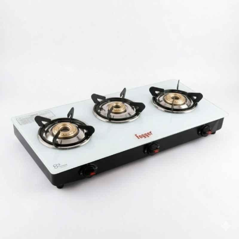Fogger 3 Burner White Toughened Glass Top Manual Ignition Gas Stove with 2 Years Warranty
