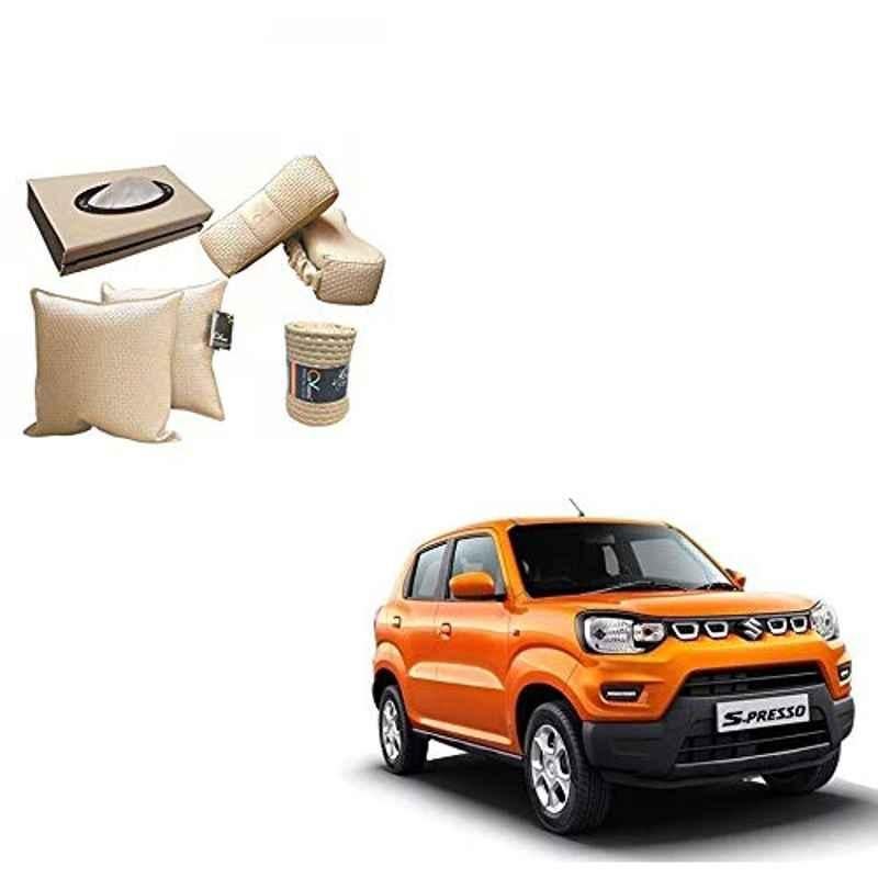 Kozdiko 2 Pcs Cushion Pillow, 2 Pcs Neck Rest, Tissue Box & Steering Beige Car Cover Combo for Maruti Suzuki S-Presso