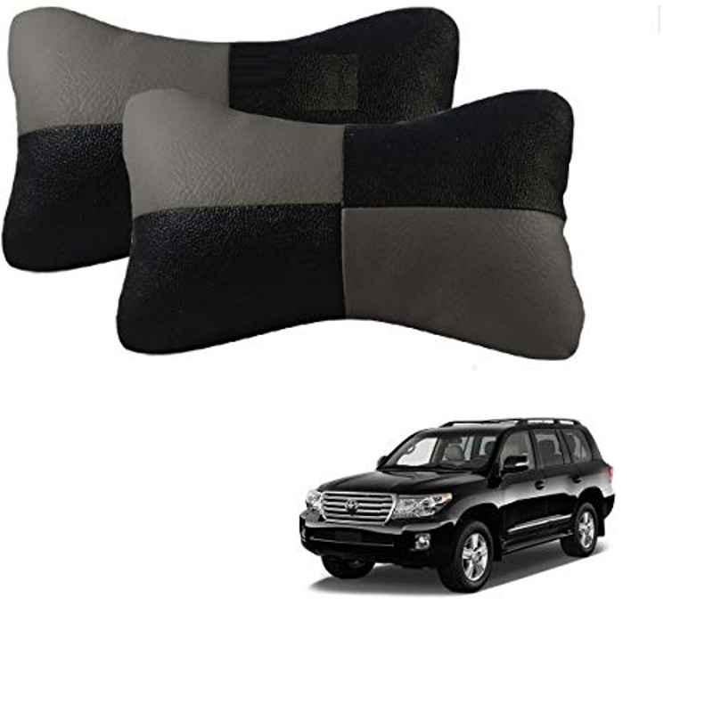 Kozdiko 2 Pcs Leather Grey & Black Neck Rest Car Cushion Pillow Set for Toyota Land Cruiser