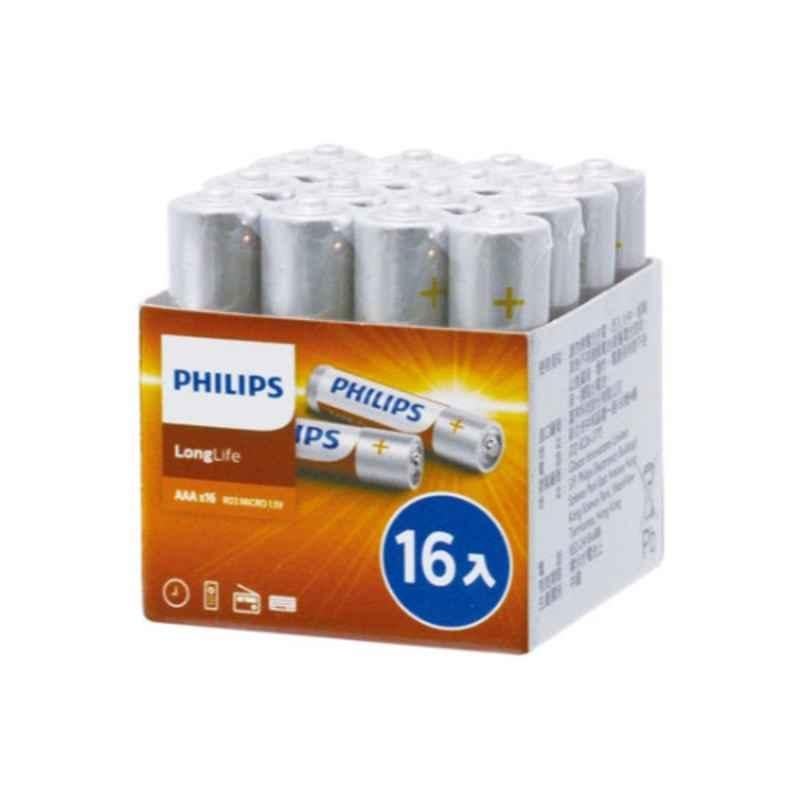 Philips LongLife 16Pcs 1.5V AAA White, Brown & Blue Zinc Chloride Battery Set, R03L16F/97