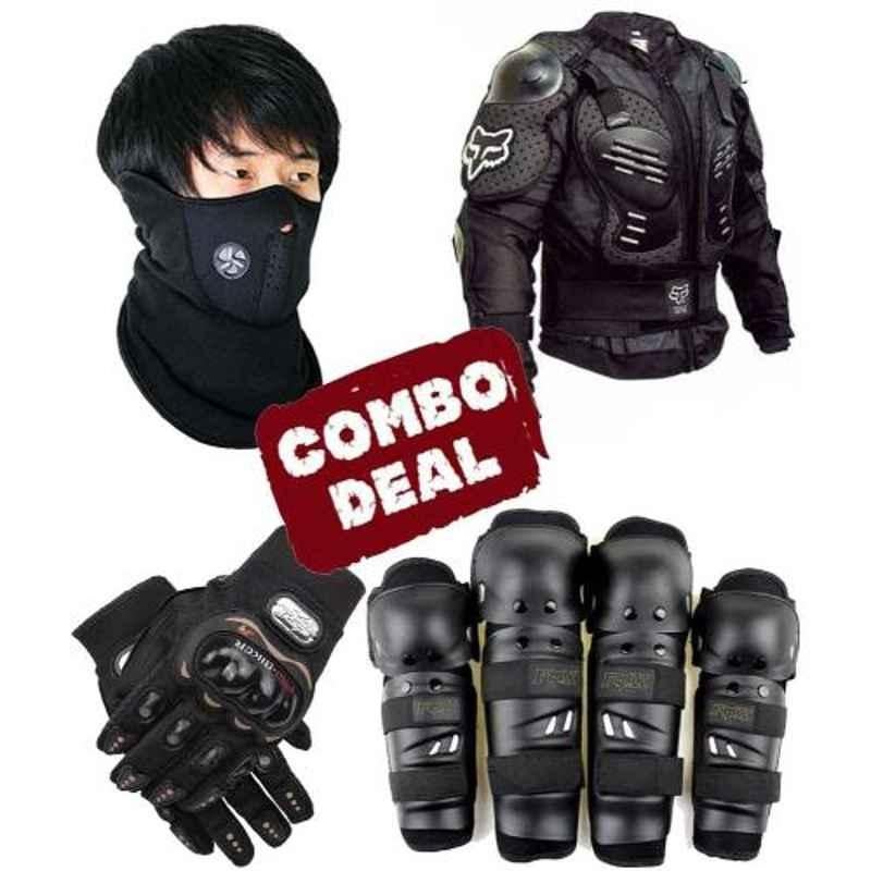 Love4ride Neoprene Mask, Fox Elbow Knee Guard, Probiker Bike Gloves & Fox Body Armour Combo for Biker