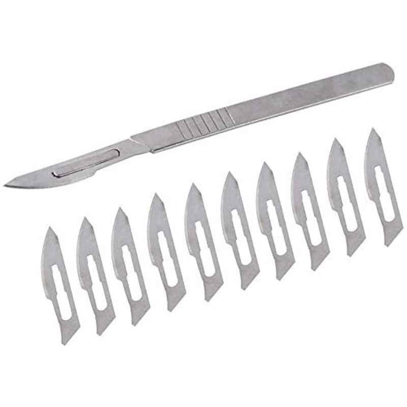 Forgesy 10 Pcs Carbon Steel Silver Surgical Scalpel Blades with Stainless Steel BP Handle Set, SF44