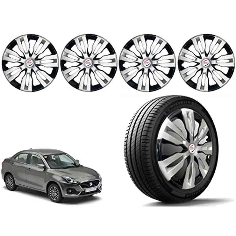 Auto Pearl 4 Pcs 14 inch Polypropylene Silver & Black Press Type Car Wheel Cover Set with Retention Ring for Maruti Suzuki Swift Dzire 2017-2019, 14WC_DzireT2_DC_Dzire2017_2019