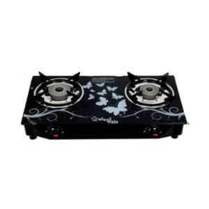 Sigri-Wala 2 Burner Cute Design Toughened Glass Black Manual Gas Stove with Lighter & Hose Pipe