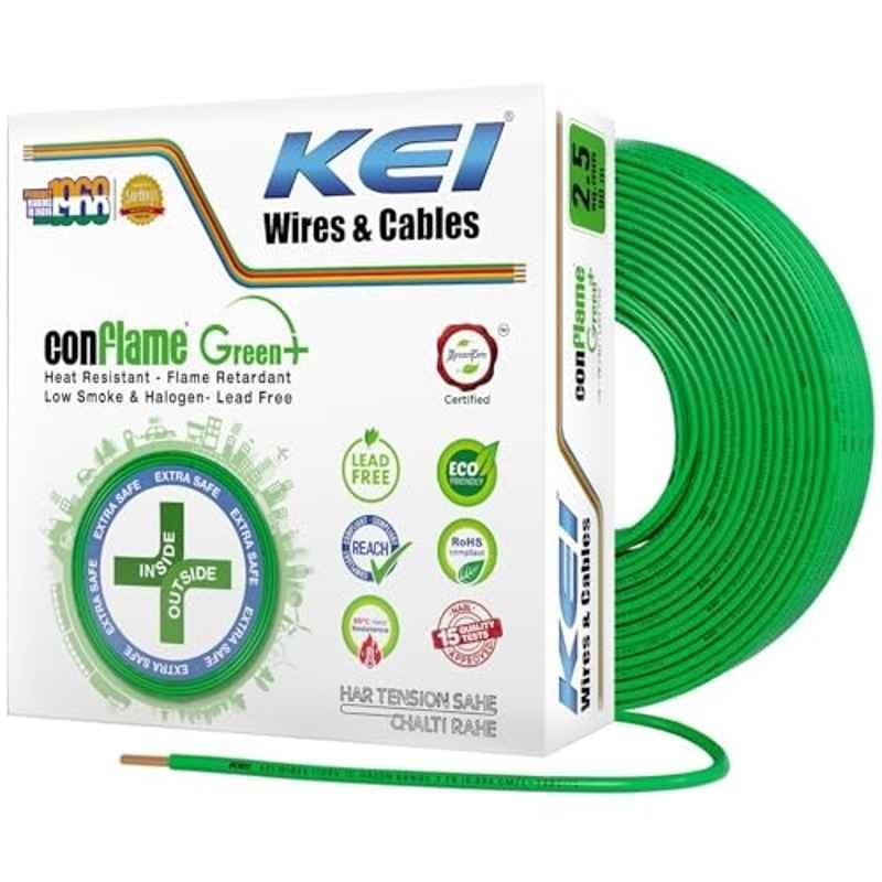 KEI Conflame Green Plus 2.5 Sqmm 1 Core 99.97% Pure Copper Conductor FRLSH Insulated Cable for Domestic & Commercial Electrical Wiring (Green, 90 Meters)