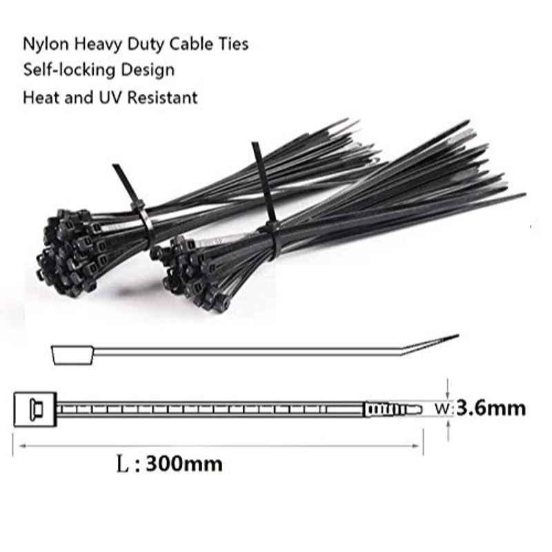Gippex 100 Pcs 3.6x300mm Nylon Black Self-Locking Cable Tie Set