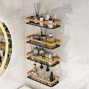 Plantex Self Adhesive Bathroom Shelf for Wall/Stainless Steel Rack with Aluminium Railing & Magic Stickers/Bathroom Organiser Without Drill- Pack of 4 (12x5 inches, Gold & Black)