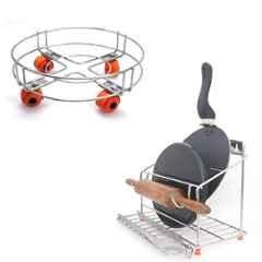 Niskoware Stainless Steel Chakla Belan, Tawa Staind & Cylinder Trolley with Wheels Combo