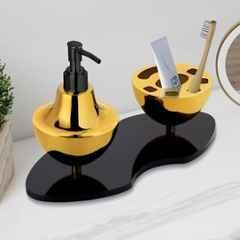 Plantex Liquid Soap Dispenser with Tumbler Holder for Bathroom/Stainless Steel and Acrylic 2 4-in-1 Shampoo Dispenser with Toothpaste Holder/Bathroom Accessories Gold & Black