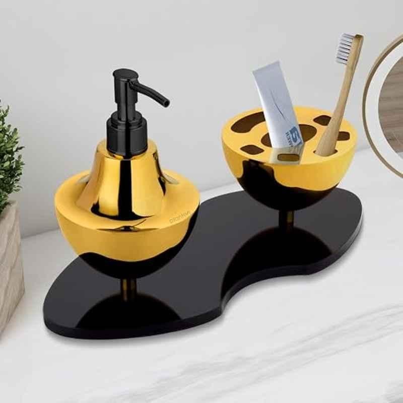Plantex Liquid Soap Dispenser with Tumbler Holder for Bathroom/Stainless Steel and Acrylic 2 4-in-1 Shampoo Dispenser with Toothpaste Holder/Bathroom Accessories Gold & Black