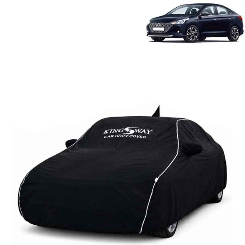 Kingsway Super Waterproof All Weather Protection Polypropylene Black Car Cover for Hyundai Verna 2020 to 2023 with Silver Piping, Mirror & Antenna Pockets