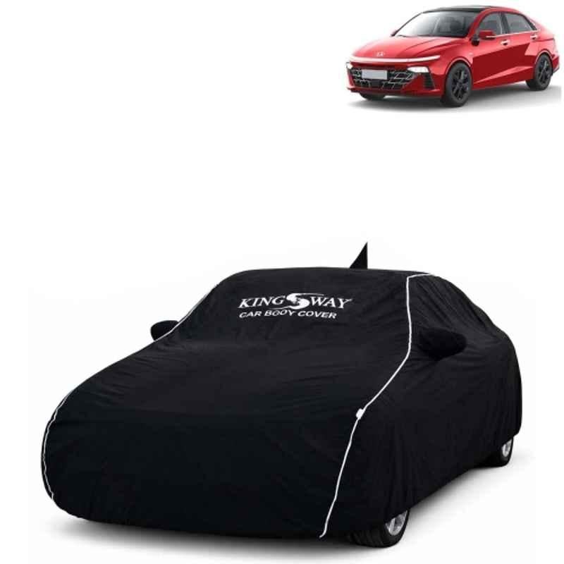 Kingsway Super Waterproof All Weather Protection Polypropylene Black Car Cover for Hyundai Verna 2023 Onwards with Silver Piping, Mirror & Antenna Pockets