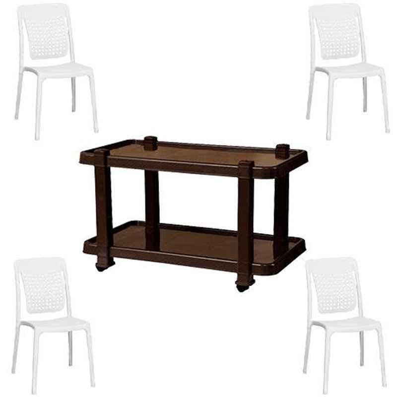 Italica 4 Pcs Polypropylene White Spine Care Chair & Nut Brown Table with Wheels Set, 2109-4/9509