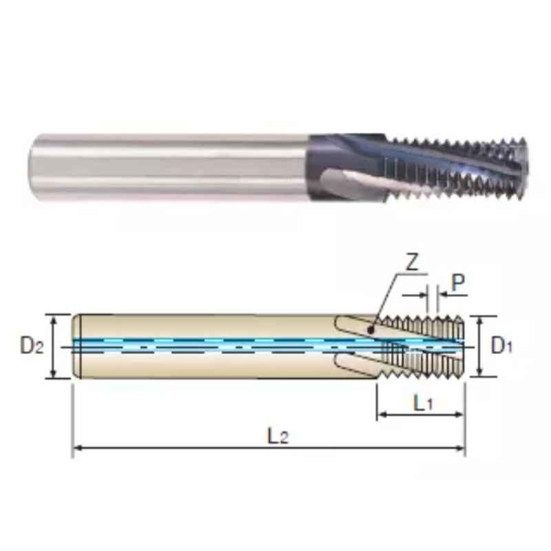 YG-1 10mm Solid Carbide Uncoated Thread Mill with Coolant Hole, L4112510, Overall Length: 72 mm