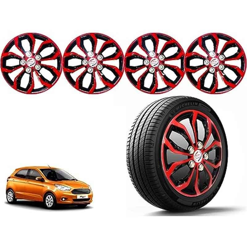 Auto Pearl 4 Pcs 14 inch Polypropylene Red & Black Press Type Car Wheel Cover Set with Retention Ring for Ford Figo Type 3 2015 Onwards