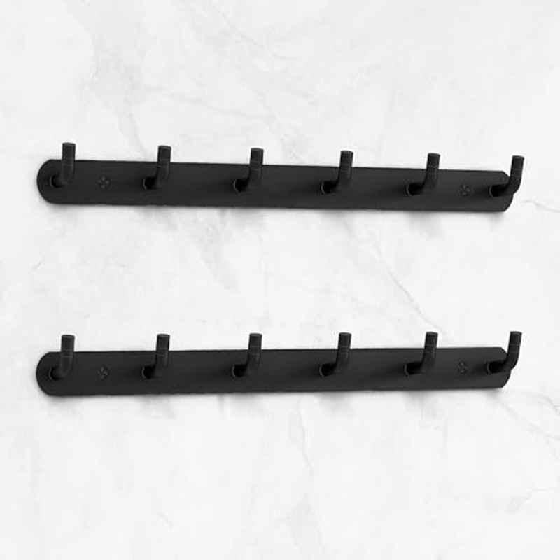 Plantex Stainless Steel Towel Hangers/Wall Hooks for Hanging Cloth/Bathroom Robe Hooks/Door Hangers/Hook Rail for Hanging Keys 6 Hooks (Pack of 2), Black