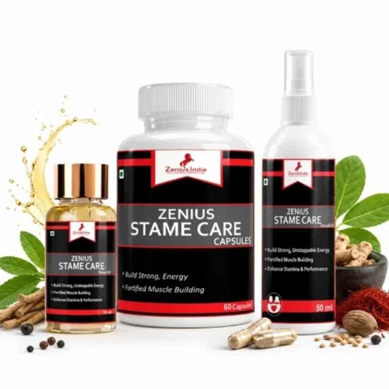 Zenius India Stame Care 60 Pcs Capsule, 15ml Sexual Oil & 50ml Spray Kit for Boosts Energy, Improves Stamina & Improves Mens Vitality