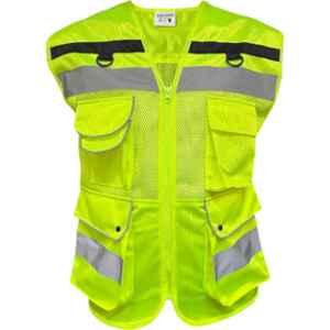 Sicuro Polyester Neon Green Sleeveless V Neck Safety Jacket with High Visibility & Reflective Strip, Size: L
