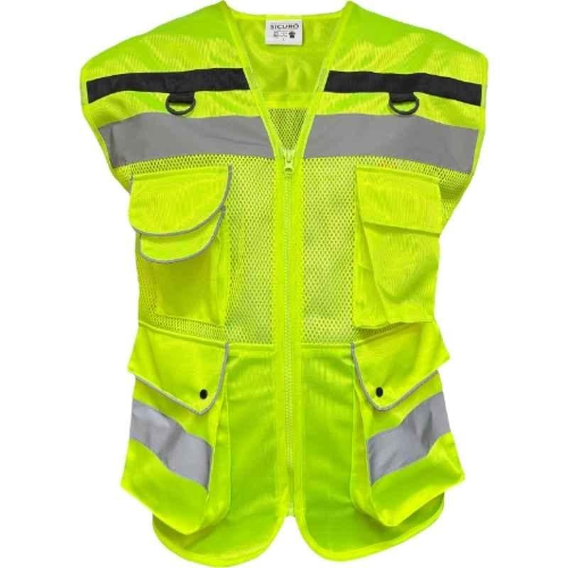 Sicuro Polyester Neon Green Sleeveless V Neck Safety Jacket with High Visibility & Reflective Strip, Size: L