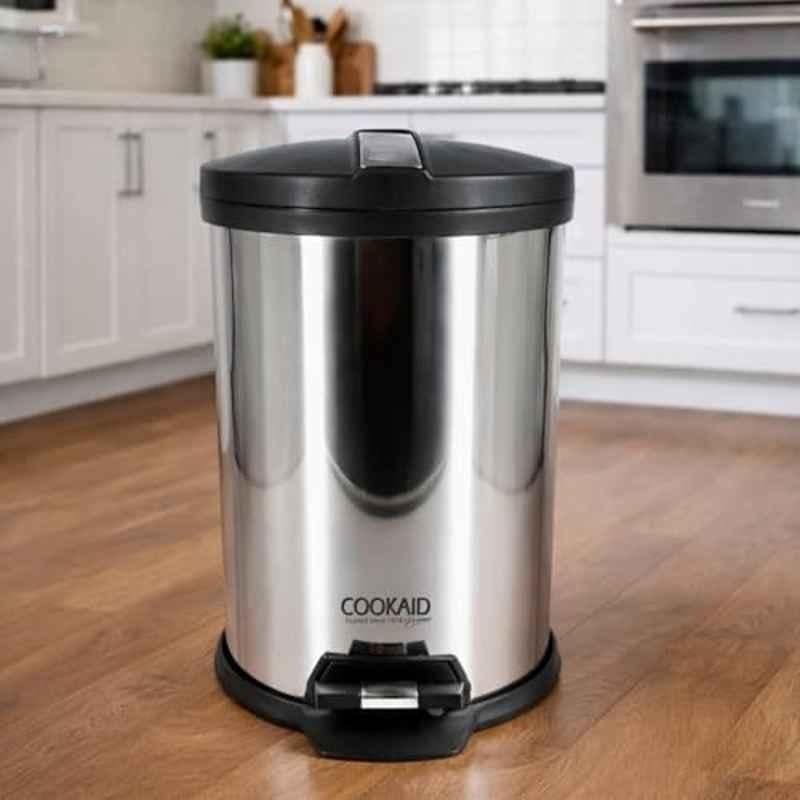 Cookaid 7 Litre Stainless Steel Silver Round Pedal Dustbin with Plastic Bucket, CKD-DBSC-7-48