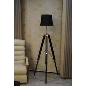 Tucasa Mango Wood Black Tripod Floor Lamp with Polycotton Black Shade, P-130