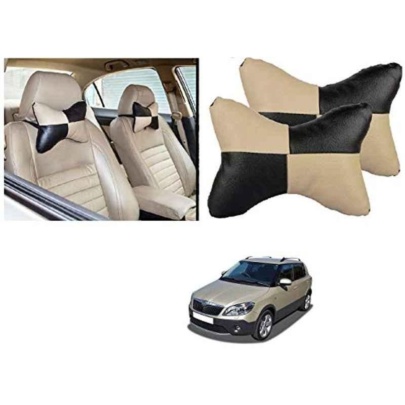 Kozdiko 2 Pcs Black & Beige Car Square Chess Design Neck Rest Seat Pillow Set for Skoda Fabia