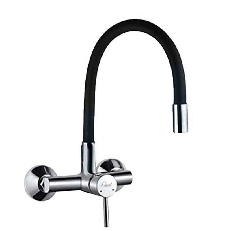 Aquieen Flora Brass Black Wall Mounted Single Lever Sink Mixer with 360 Degree Hi Neck Spout, Connecting Legs & Wall Flange