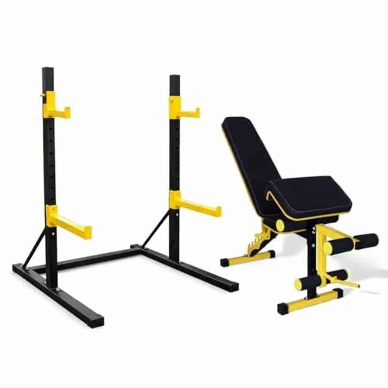 GYM24 Equipment Alloy Steel Black & Yellow Squat Rack with Adjustable Bench Combo